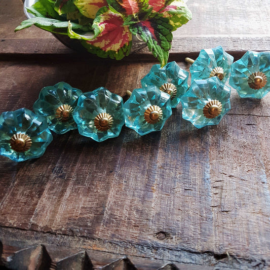 8 turquoise crystal cabinet door knobs. Transparent antique style turquoise drawer pulls. Furniture hardware knobs with gold brass accents. - Vintage India Ca