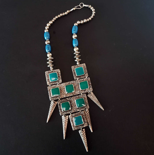 Blue & Green Avant Garde design silver pendant necklace. One of a kind Celtic Medieval statement necklace. Hammered metal industrial design. - Vintage India Ca