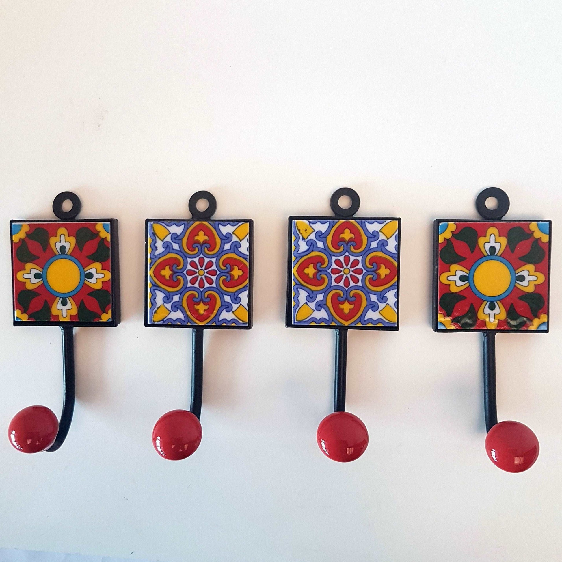 4  Himalayan Coral design coat hooks-cup hooks-towel hooks-hand painted home decor wall hooks for kitchen, bedroom, bathroom. 2 by 4.5 inch. - Vintage India Ca