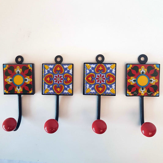 4 Himalayan Coral design coat hooks-cup hooks-towel hooks-hand painted home decor wall hooks for kitchen, bedroom, bathroom. 2 by 4.5 inch. - Vintage India Ca