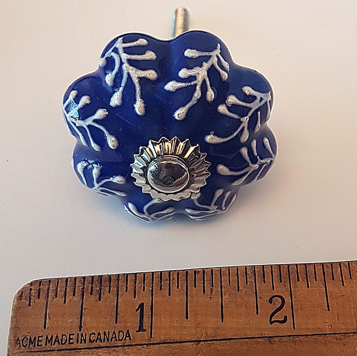 12 piece cabinet knob set. Delft cobalt blue and white drawer pulls. Each knob pull is hand painted and embossed in a botanical fern design. - Vintage India Ca