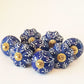 8 Delft cabinet knob drawer pulls in cobalt blue & white hand painted embossed designs. Exclusive Regal Gold  8 piece decorator collection. - Vintage India Ca