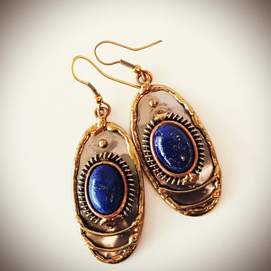 Lapis Lazuli Oval Gemstone Earrings in a Mixed Silver Gold Design