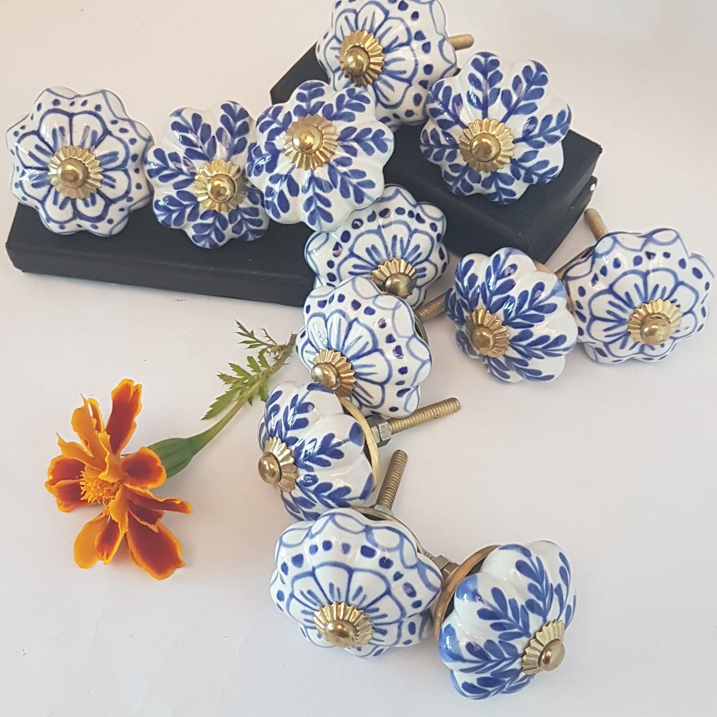 Set of 12 Delft blue & white cupboard knobs, ceramic hand painted.