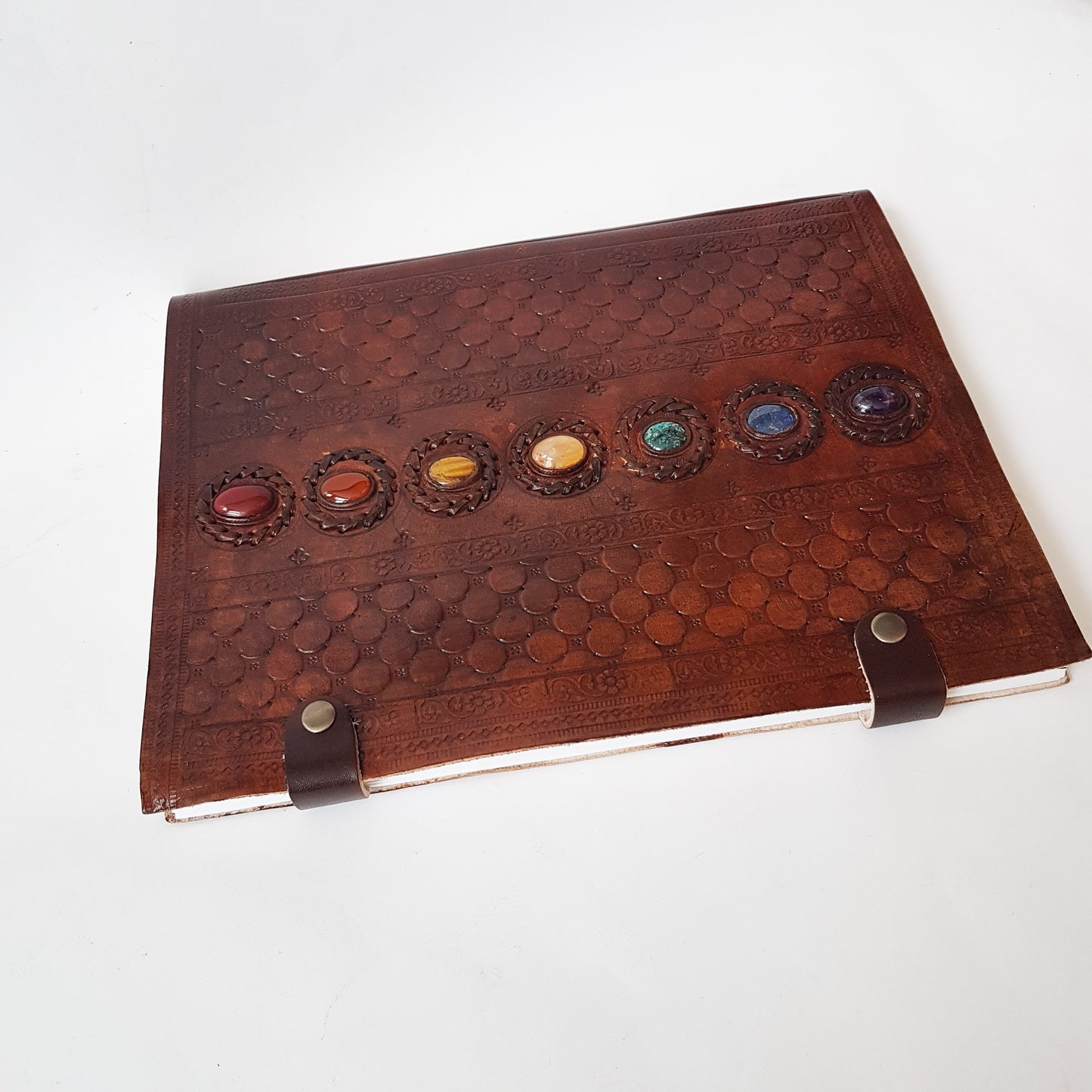 Leather bound 7 Chakra grimoire XL. 7 semi precious stone inlaid cover. 10.5x13 inch. Artist sketchbook, guest book, wedding album.