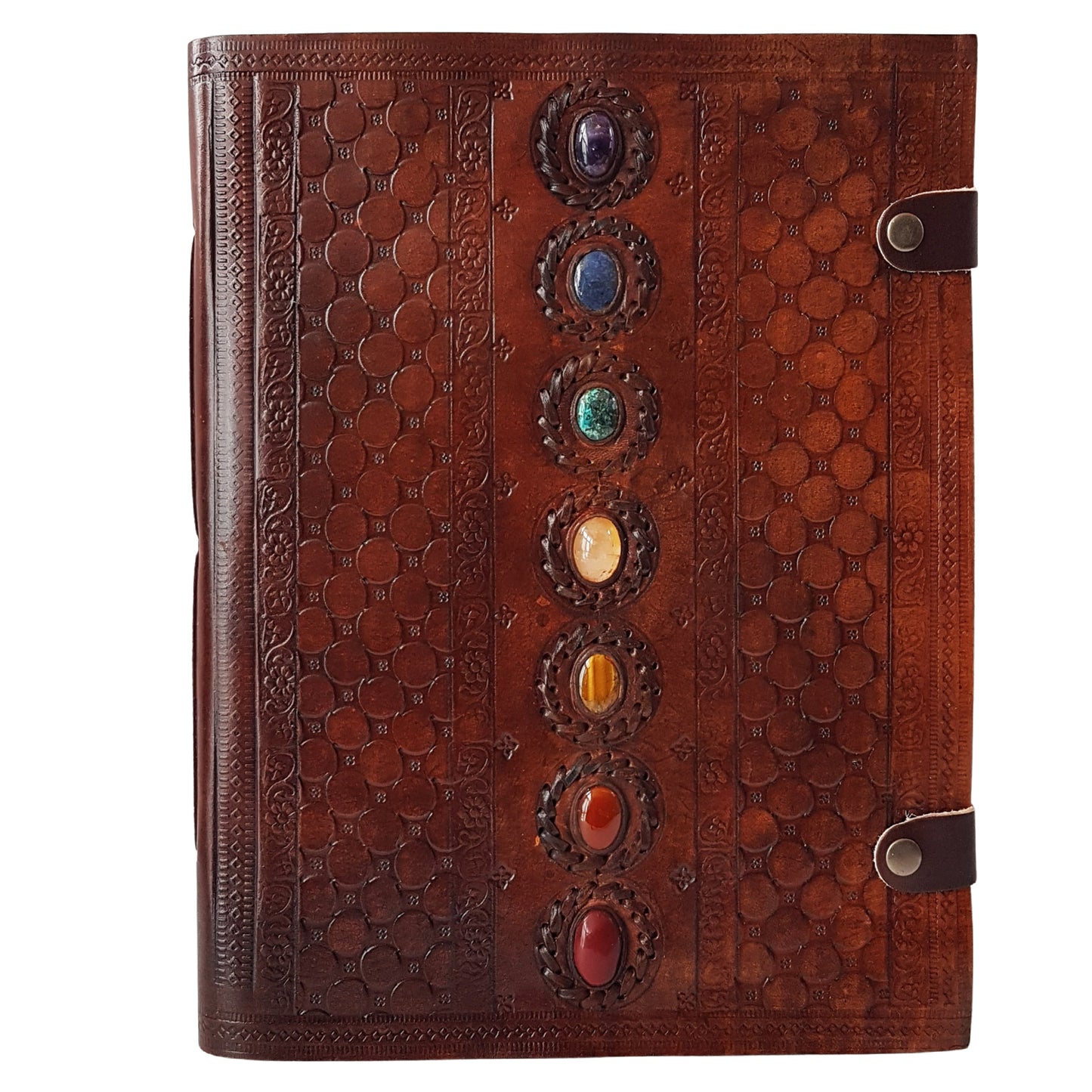 Leather bound 7 Chakra grimoire XL. 7 semi precious stone inlaid cover. 10.5x13 inch. Artist sketchbook, guest book, wedding album.