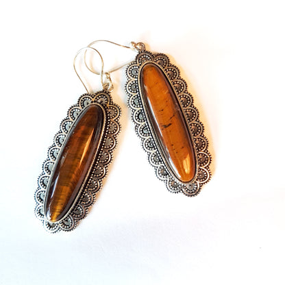 Medieval Reanaissance earrings with long slender oval stones. Victorian silver finish in a handcrafted filigree design. 4 stone choices.