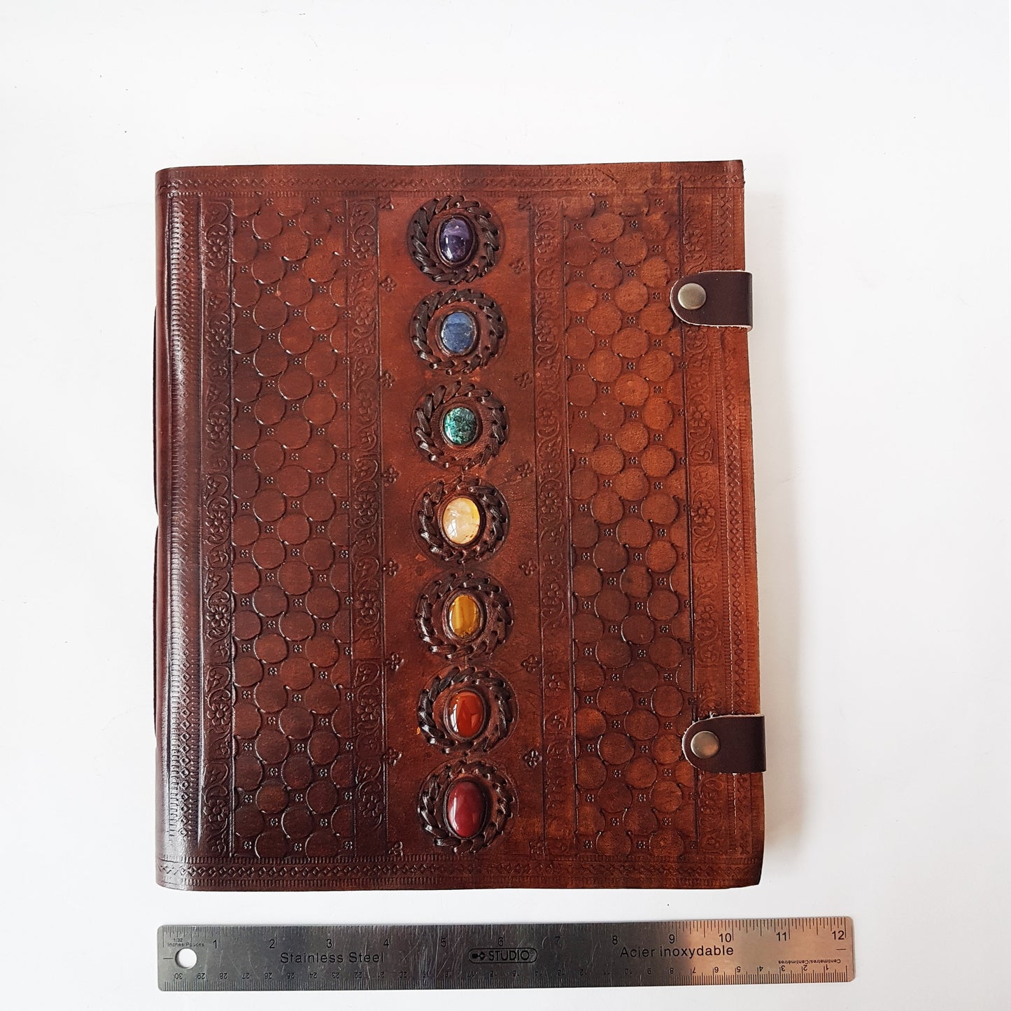 Leather bound 7 Chakra grimoire XL. 7 semi precious stone inlaid cover. 10.5x13 inch. Artist sketchbook, guest book, wedding album.