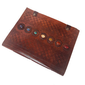 Leather bound 7 Chakra grimoire XL. 7 semi precious stone inlaid cover. 10.5x13 inch. Artist sketchbook, guest book, wedding album.