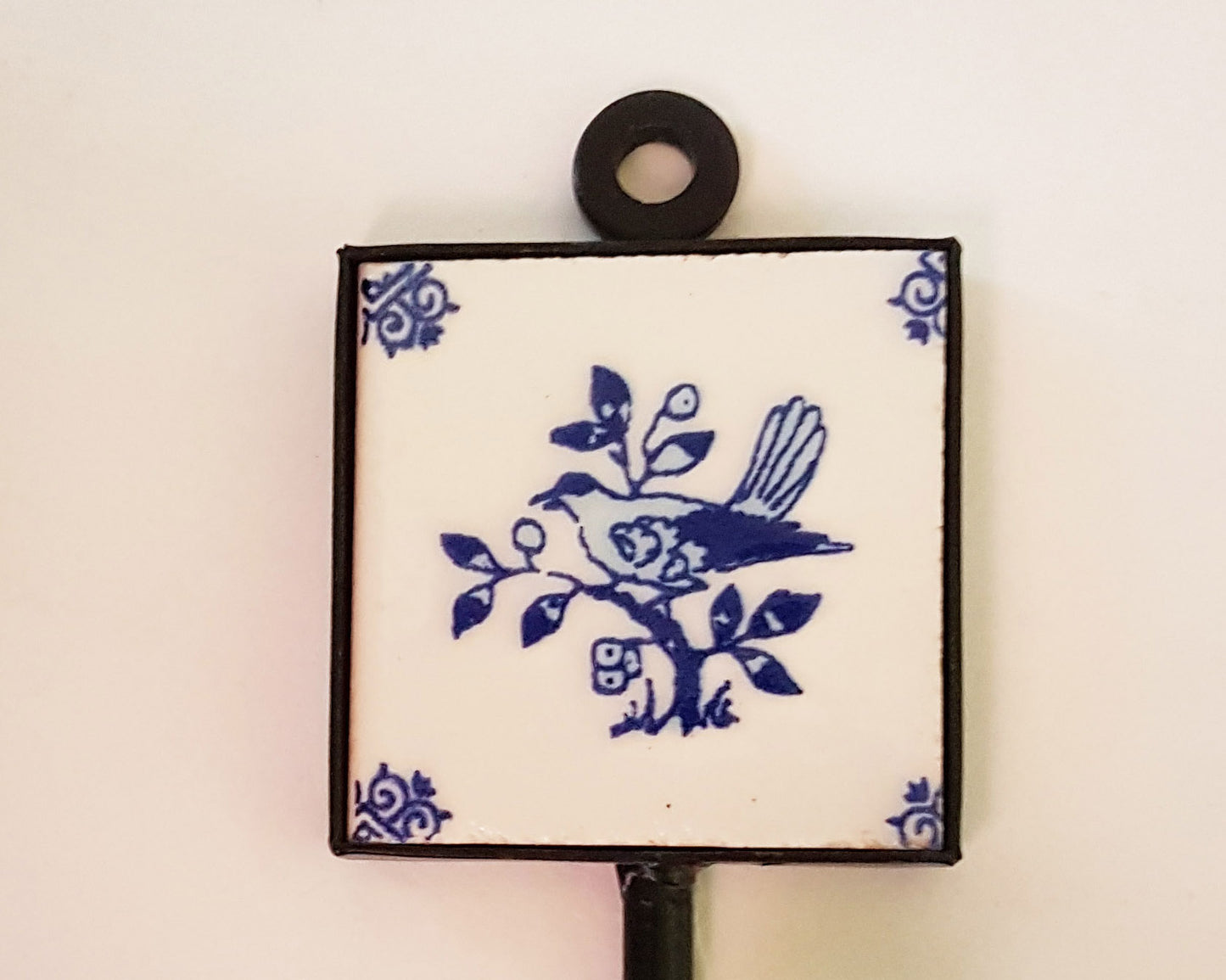 4 Zen blue and white coat hooks, wall hooks, cup hooks, towel hooks with smooth ball ends. Hand painted ceramic tile. 4.5 by 2 inches.