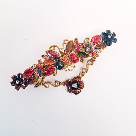 Vintage rhinestone barette hairclip. Bohemian butterfly hair jewelry.  Victorian flower design hair accessory in gold, rose & blue tones.