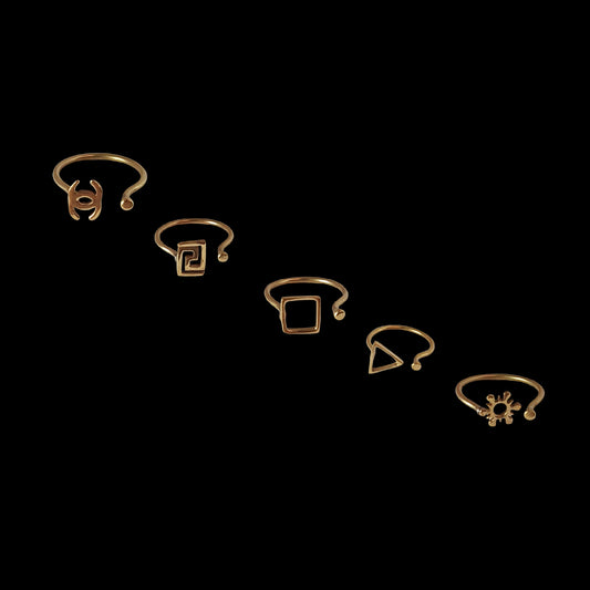 Set of 5 rings. Bronze minimalist in adjustable sizes Celtic design. Sun moon square triangle maze. Wear on thumb & all fingers, knuckles.