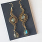Dramatic double labradorite stone earrings. 3 inch length in bronze metal swirl design. Dressy gala boho style. Free shipping. In stock now.