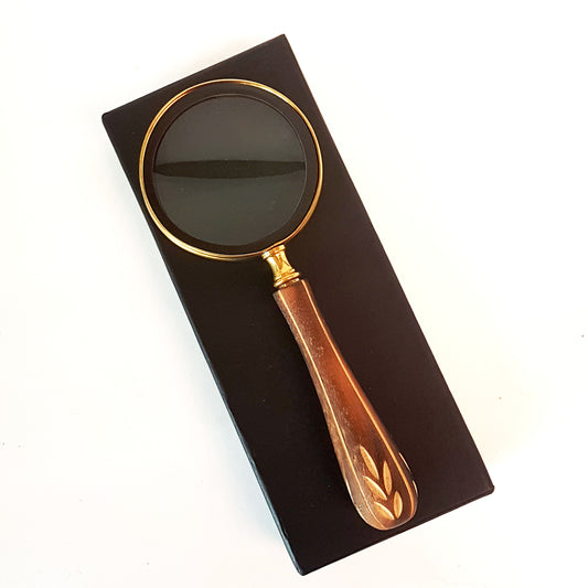 Vintage magnifying glass hand lens in antique brass design. Old world charm. Read small print easily, use for home &  hobby. Photos stamps.