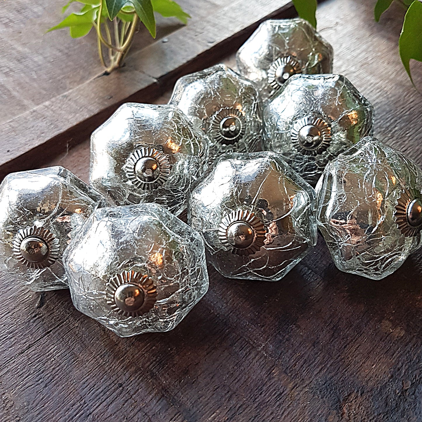 Set of 8 Mercury Glass cabinet knob drawer pulls. Bygone era Bohemian silvered glass knob collection . Nostalic luster glass redecorating.