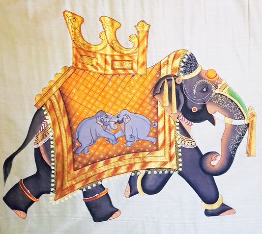 Magnifique peinture pichwai originale vintage d'un éléphant 33 par 32 pouces. Peint à la main sur soie. Vous pouvez l'accrocher comme tapisserie murale ou comme cadre.