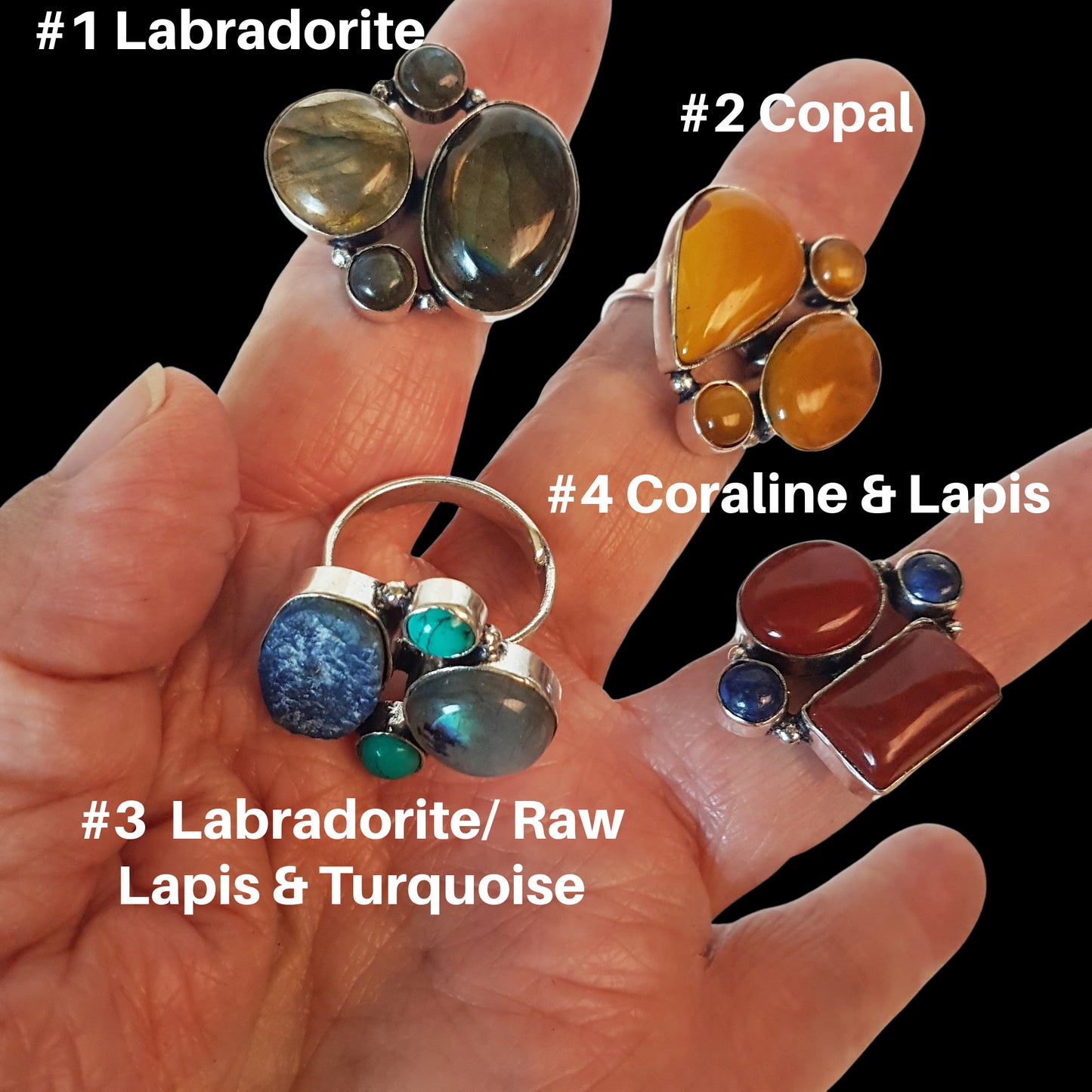 Gemstone Cluster Art Rings adjustable size. One of a kind rings with semi precious stones in asymetrical settings. Comfortable to wear.
