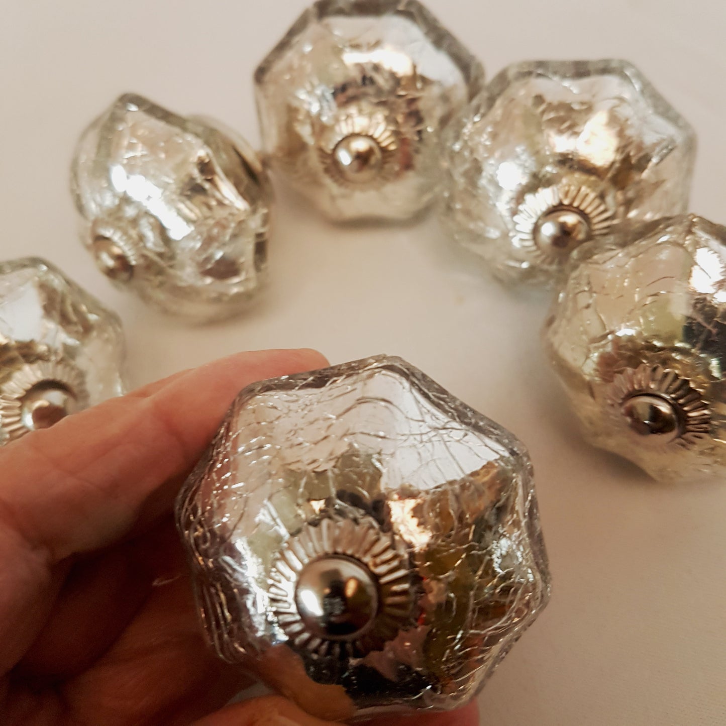 Set of 8 Mercury Glass cabinet knob drawer pulls. Bygone era Bohemian silvered glass knob collection . Nostalic luster glass redecorating.