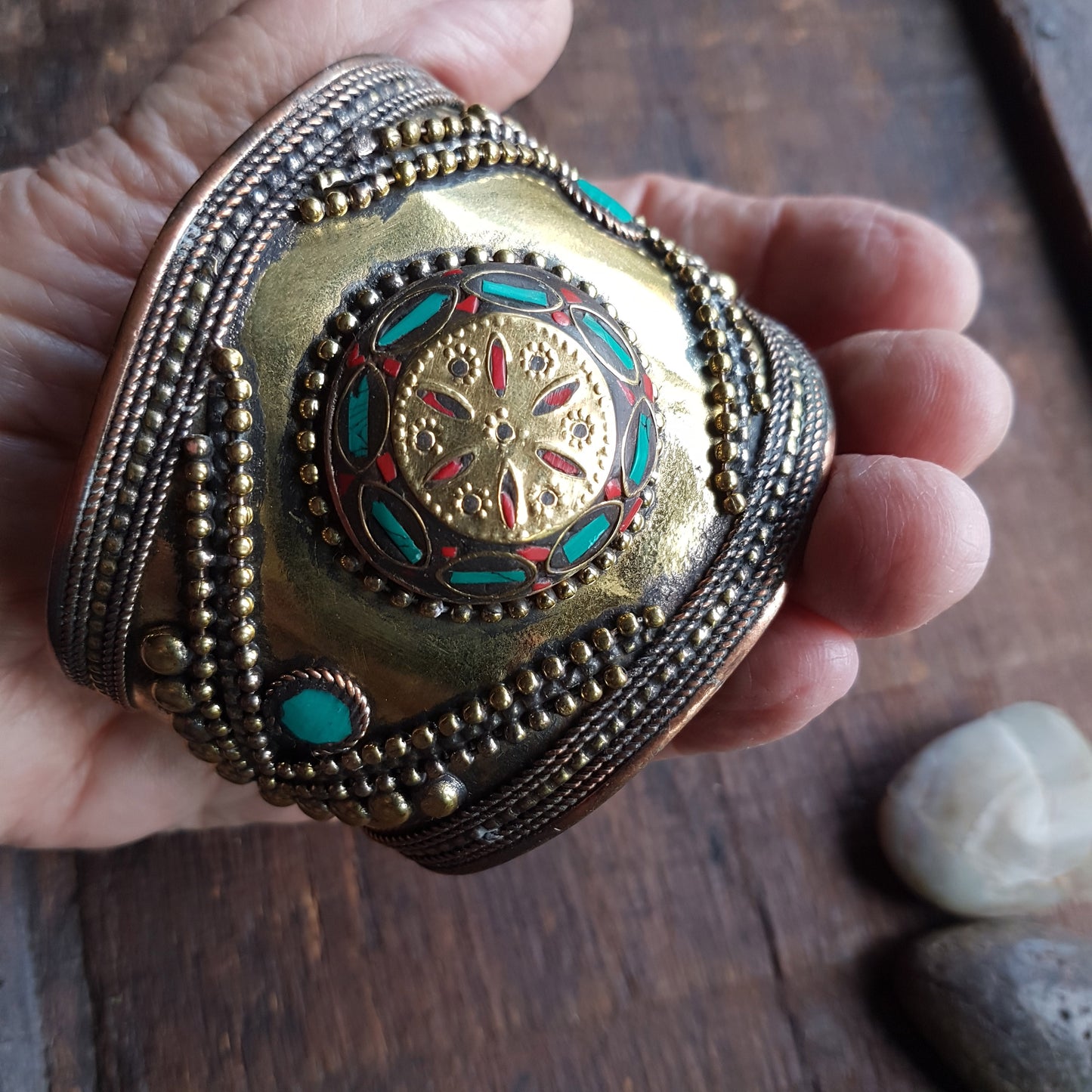 Vintage medieval style bronze cuff bracelet. Set with Tibetan turquoise & coral stones. Spectacular gender neutral golden tone armour cuff.