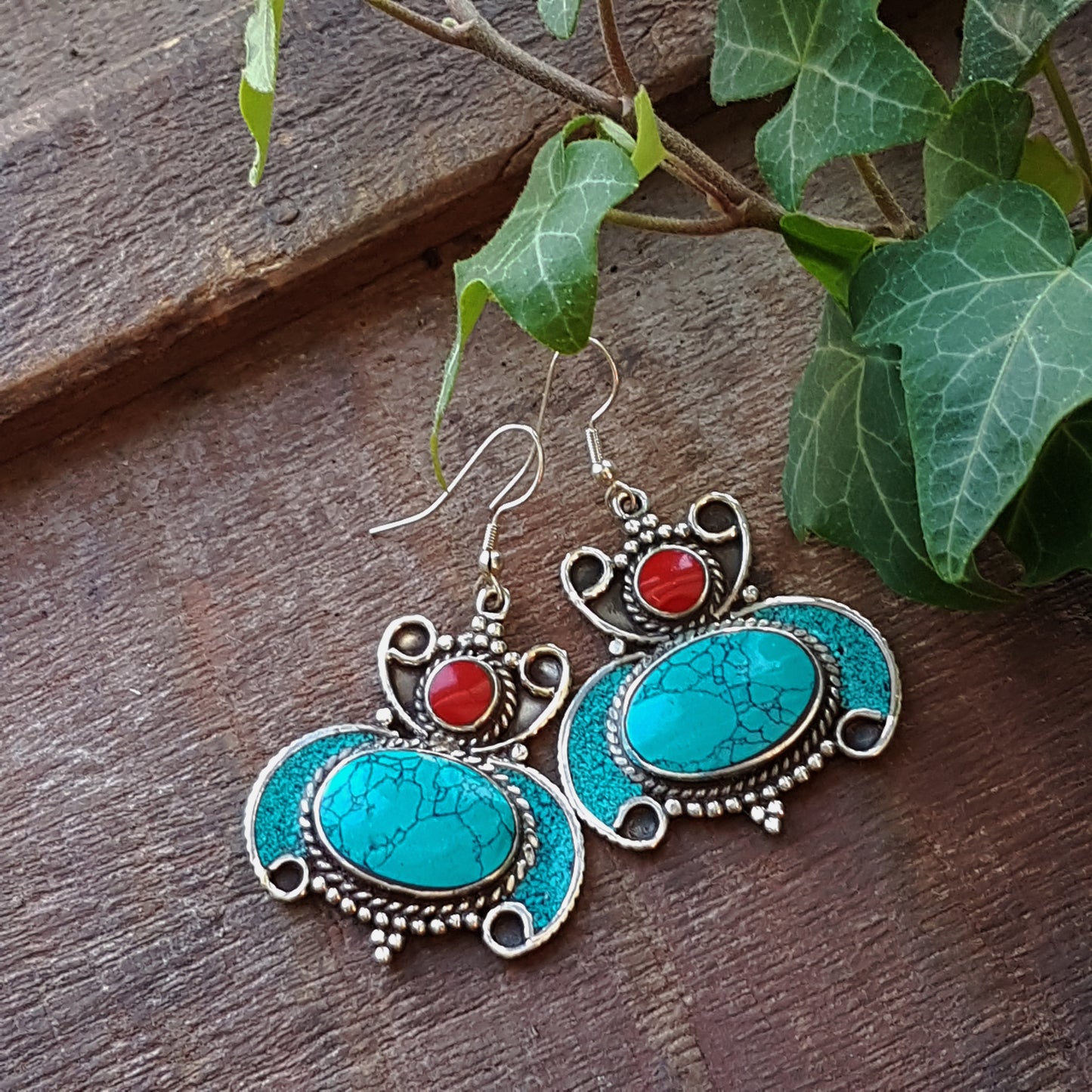 Turquoise & silver tone Boho gypsy tribal earrings. Ethnic statement drop design with coral accents. Tibetan style 2 inch hang by 1.5  inch.