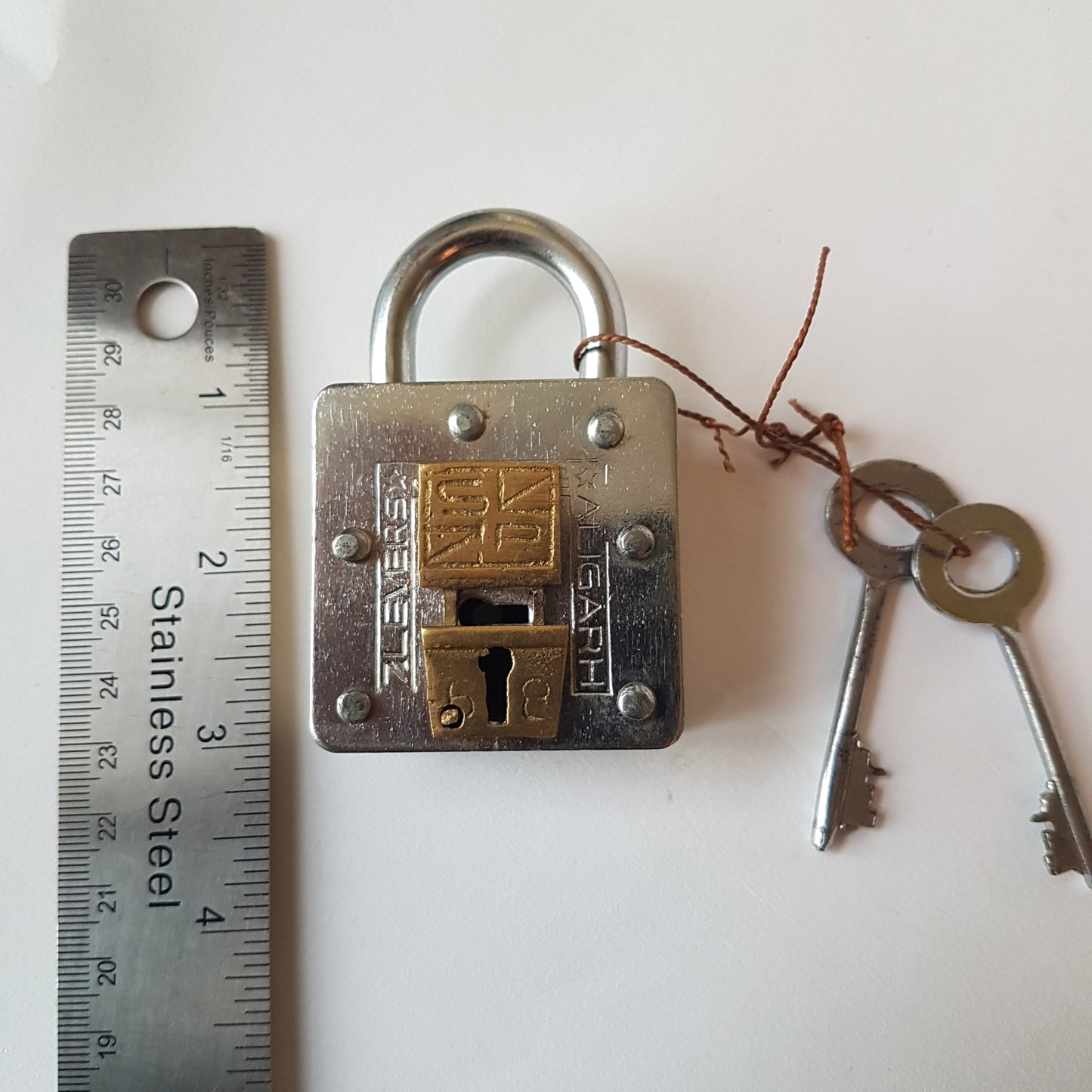 Pad lock, antique 2 key puzzle lock. Functional pad lock with tricky hidden key hole. Collectible vintage pad lock, 2 key lock.