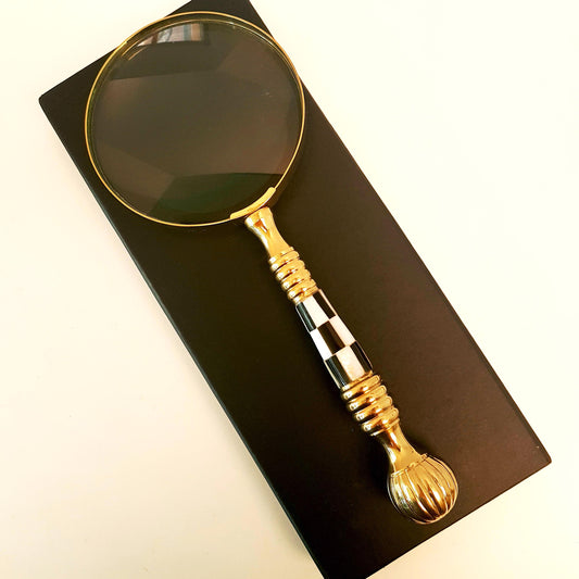 Large vintage style mother of pearl & brass magnifying glass for home and hobby. Antique old world office and desk accessory. Unisex gift.