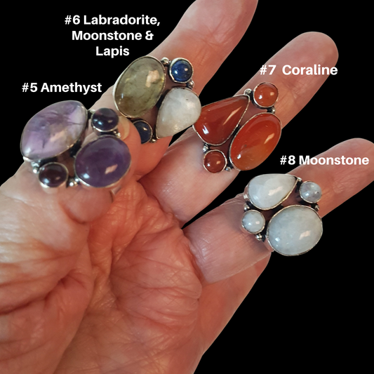 Multiple gemstone rings in adjustable sizes. Same color and mixed color stone designs. All one of a kind-choose your favorite. Fab & funky!