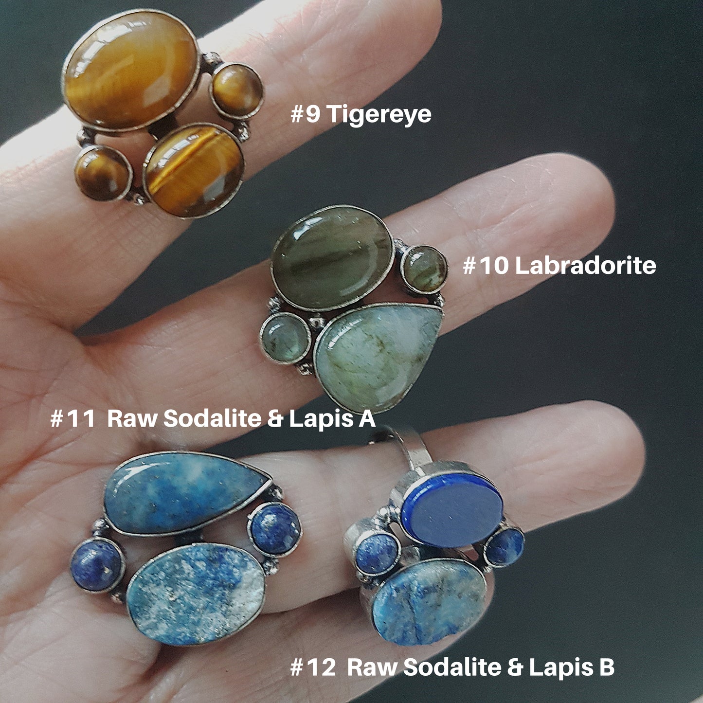 Multiple gemstone rings in adjustable sizes. Same color and mixed color stone designs. All one of a kind-choose your favorite. Fab & funky!