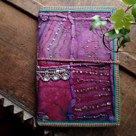 Vintage puple textile art journal 7 x 10 inch blank book. One of kind hardcover handmade notebook diary with a unique beaded jewelled fabric collage cover.