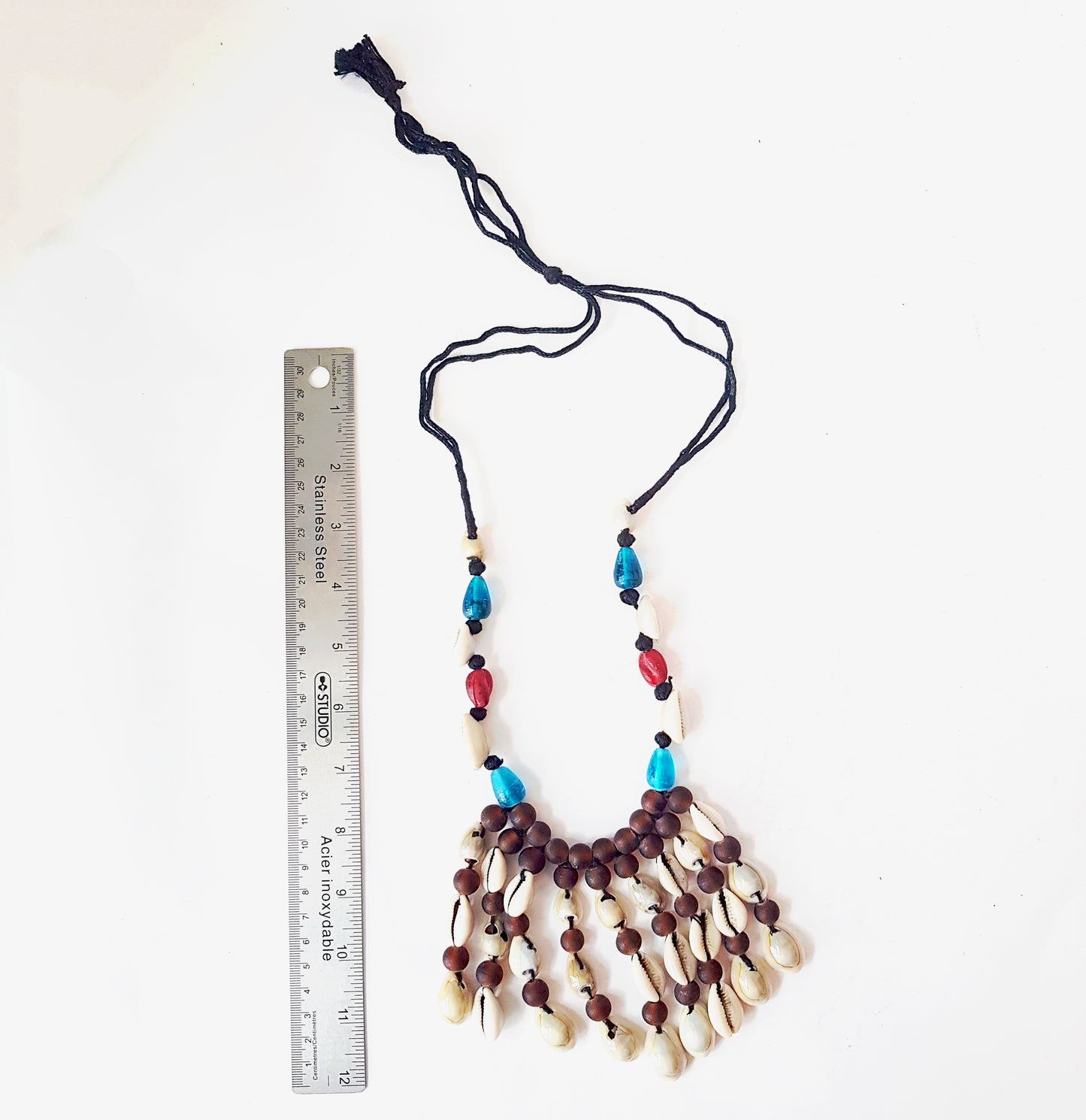 Tribal gypsy necklace natural cowrie shells and translucent hand blown glass beads adjustable length drawstring cord 25-35 inch length