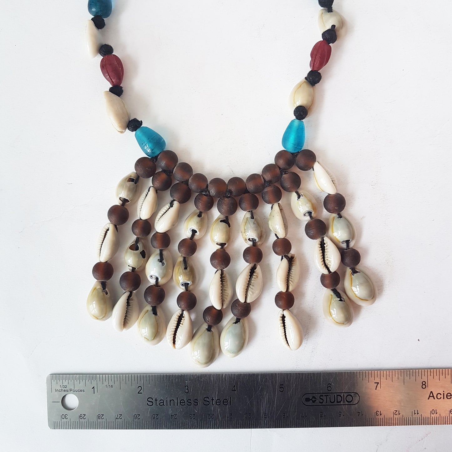 Tribal gypsy necklace natural cowrie shells and translucent hand blown glass beads adjustable length drawstring cord 25-35 inch length