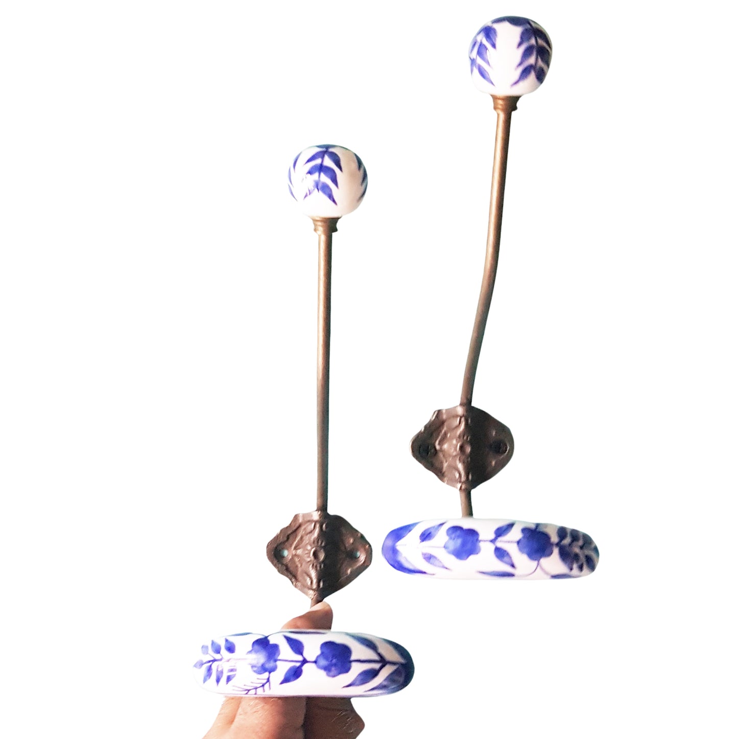 Pair of blue & white double tier coat hooks. Set of 2 wall hooks in Dutch Delft design. Hang coats, jackets, clothing, towels wrinkle free.