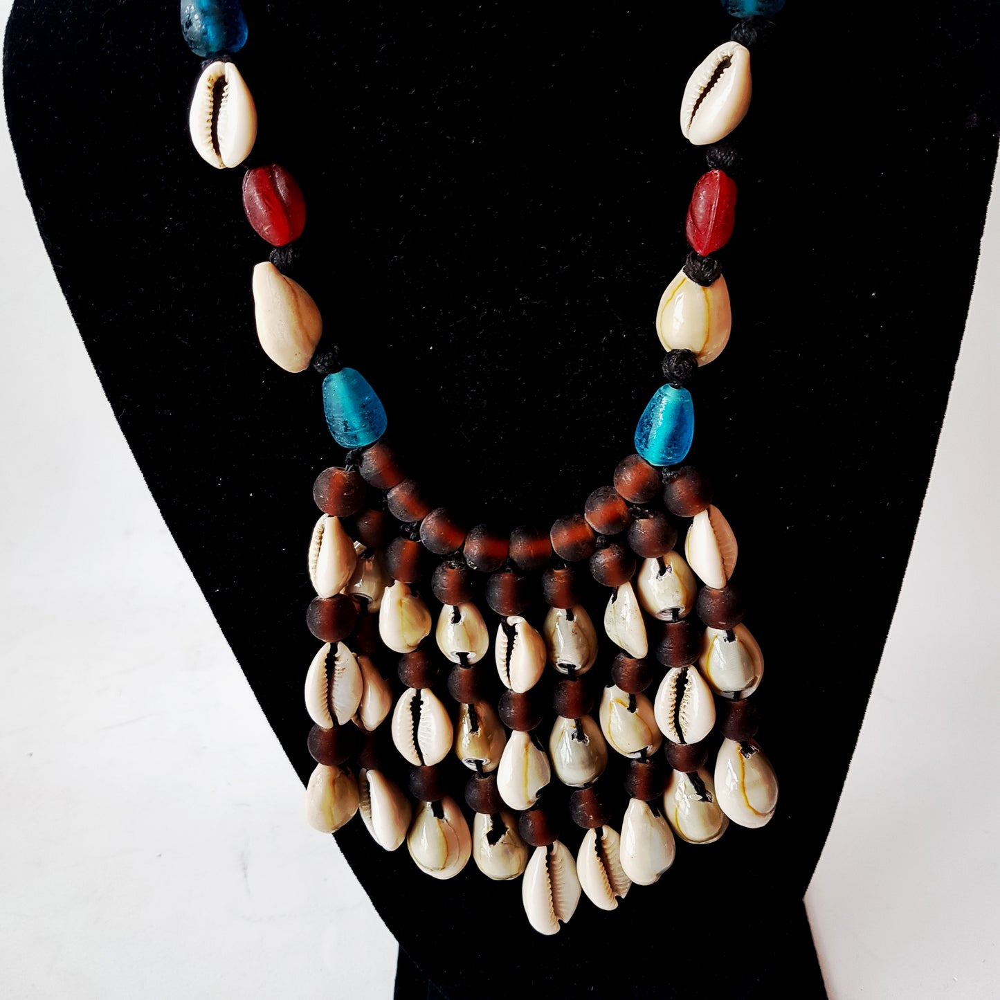 Tribal gypsy necklace natural cowrie shells and translucent hand blown glass beads adjustable length drawstring cord 25-35 inch length