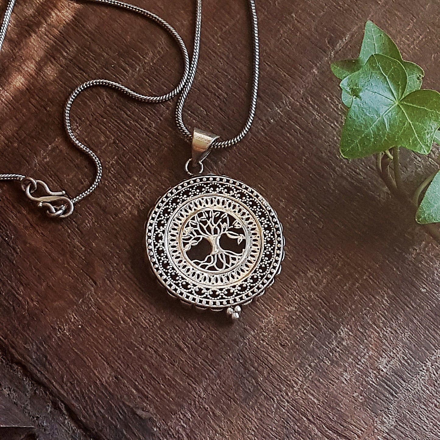 Silver filigree tree of life pendant. Engraved silver disk shape tree pendant necklace. Gender neutral design. 1.75 inch diameter on chain. - Vintage India Ca