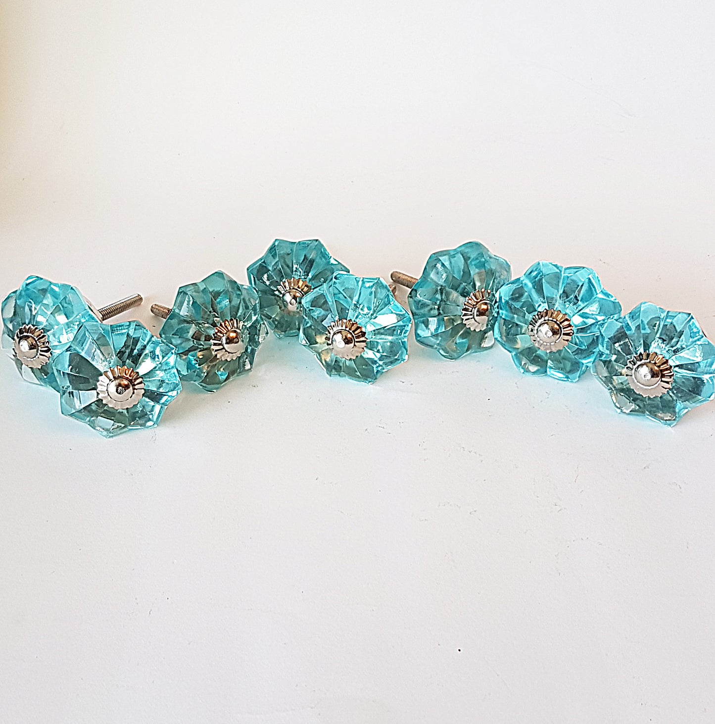 Set of 8 turquoise crystal cabinet knobs.  8 cabinet knob drawer pulls with silver fittings for affordable and easy diy home decor update. .