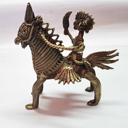 Horse rider metal art sculpture. Vintage bronze statue of warrior on horseback from tribal India. Horse lover gift. 6 inches by 6 inches. - Vintage India Ca