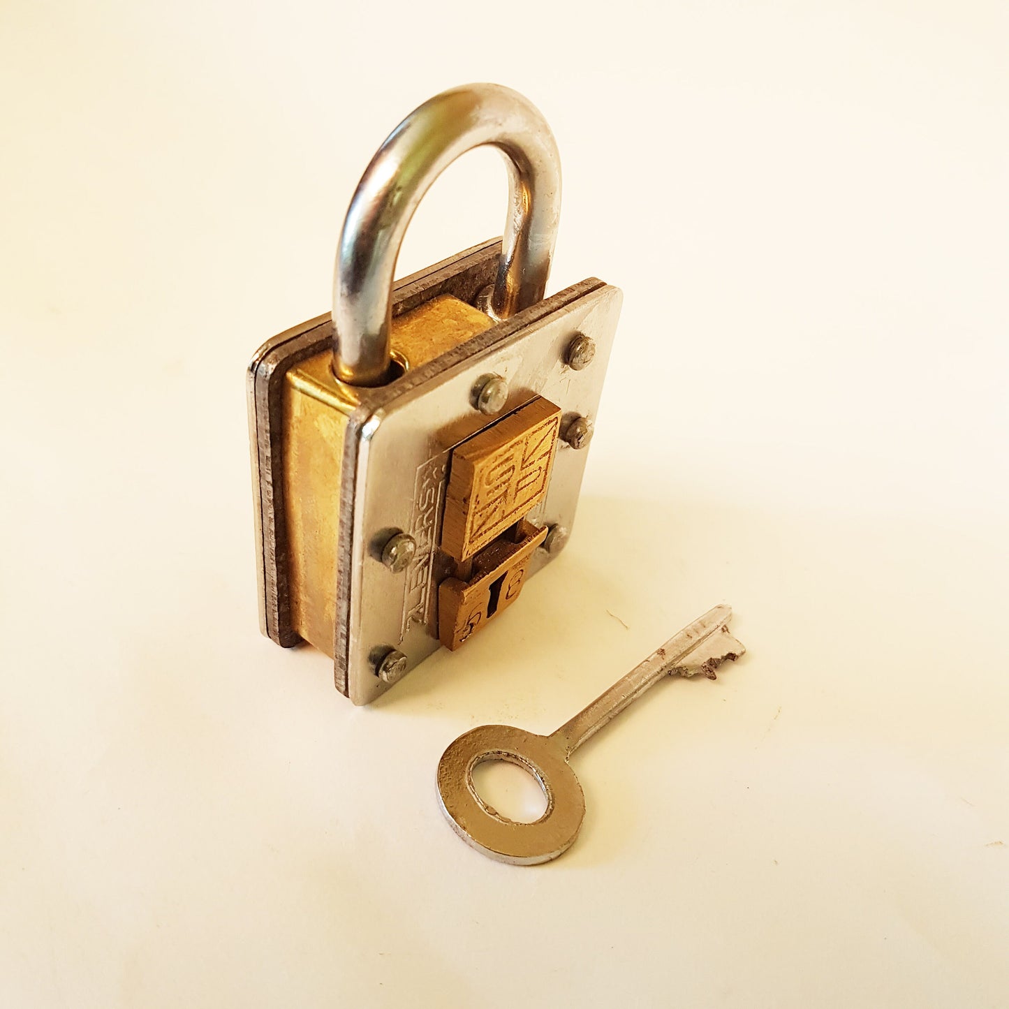 Pad lock, antique 2 key puzzle lock. Functional pad lock with tricky hidden key hole. Collectible vintage pad lock, 2 key lock. - Vintage India Ca