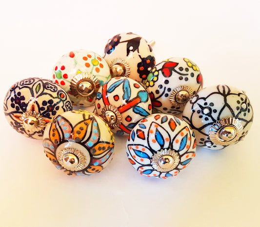 Milfiori set of 8 cabinet knobs-dresser drawer pulls in 8 different hand painted, exclusive designs. 1.5 inch diameter size. - Vintage India Ca