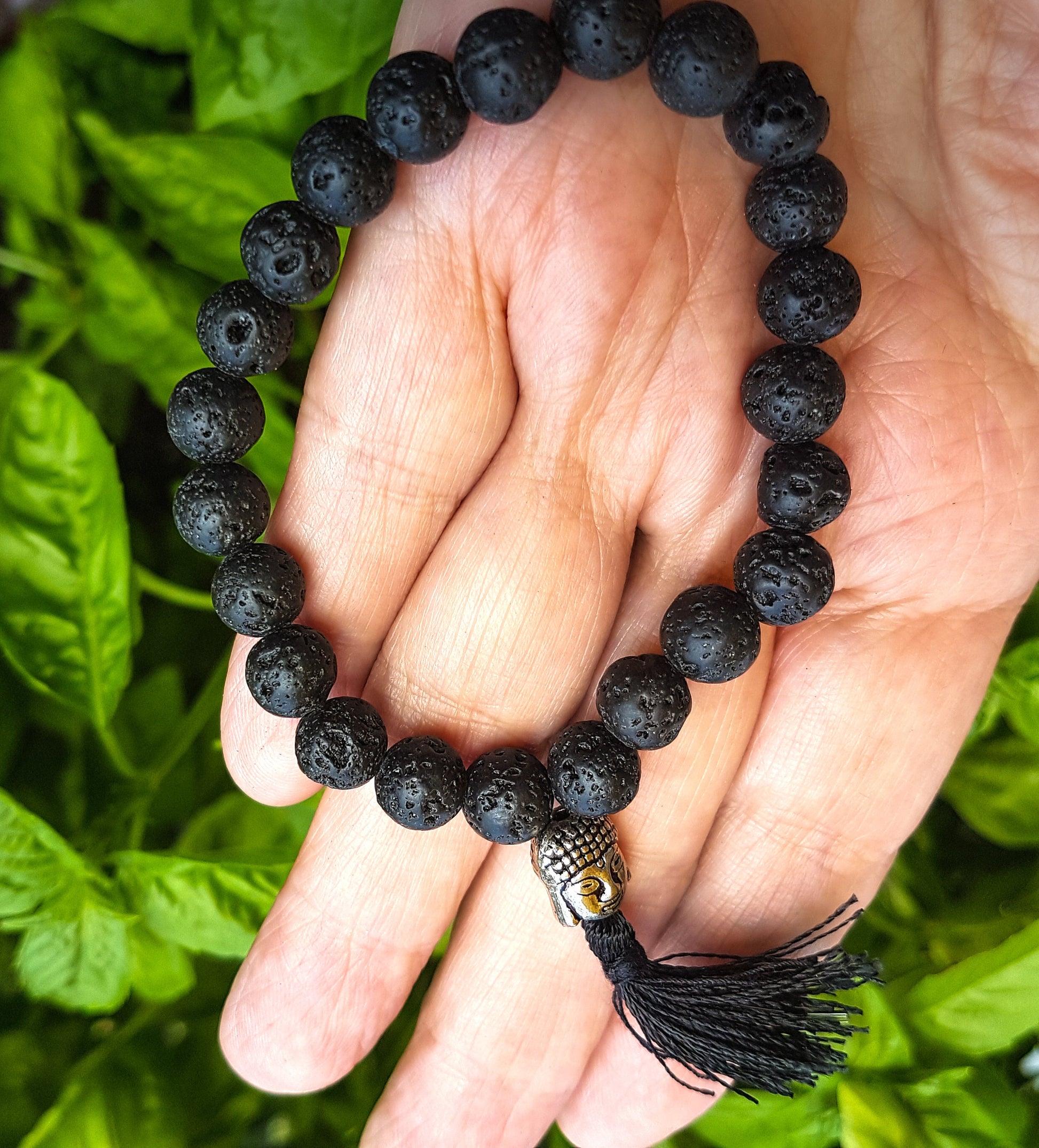 Natural black lava stone unisex meditation bracelet. Buddhist mala bracelet with silver buddha bead & black silk tassle. Yoga jewelry. - Vintage India Ca