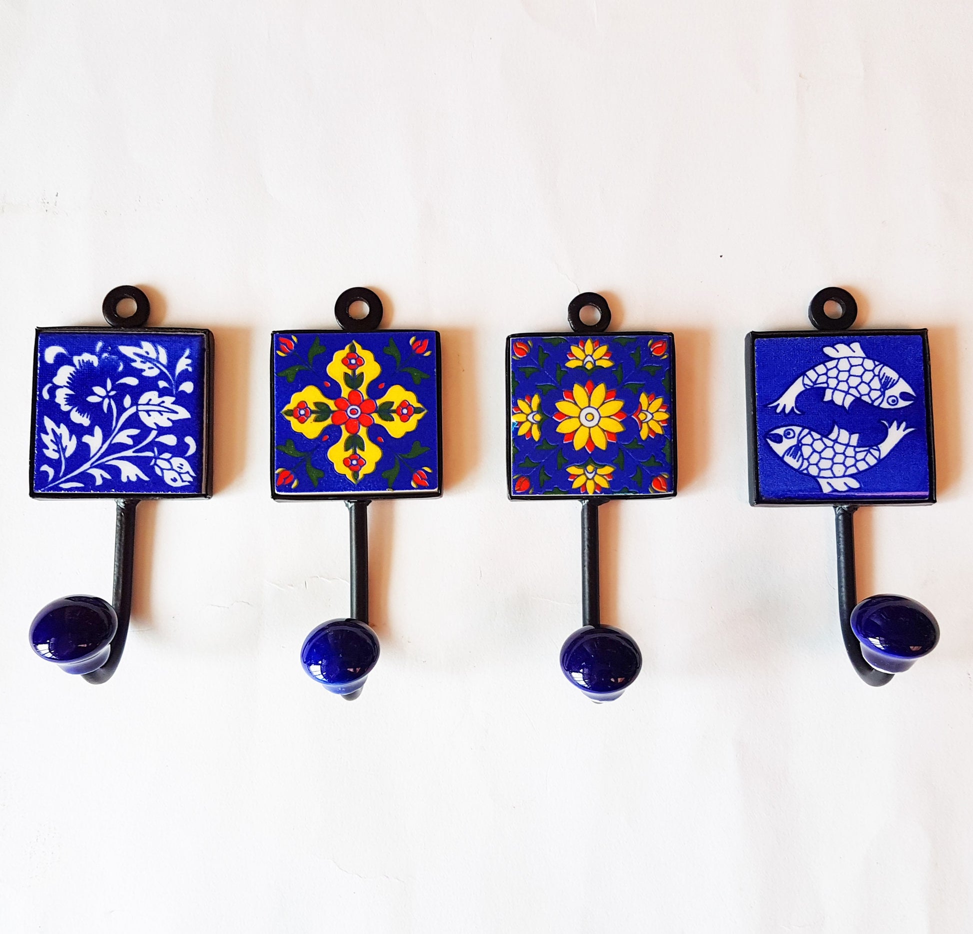 Set of 4 Avanti wall hooks for kitchen, bedroom & bath. Exclusive designs in rich blue color combos. Hand painted exclusive designs. - Vintage India Ca