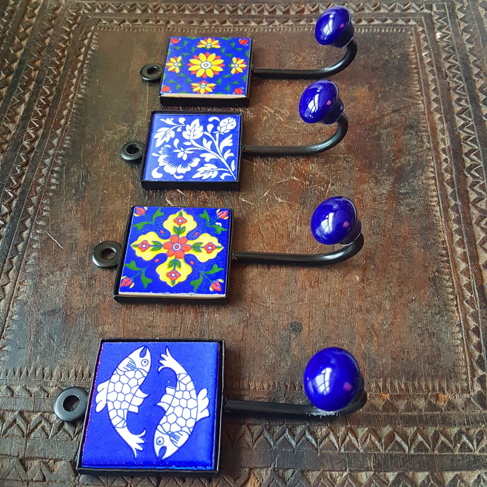 Set of 4 Avanti wall hooks for kitchen, bedroom & bath. Exclusive designs in rich blue color combos. Hand painted exclusive designs. - Vintage India Ca