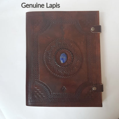 XL leather bound gemstone inlaid artist portfolio. Parchment dividers. Scrapbook, photo album. Retirement, engagement & wedding gift. - Vintage India Ca