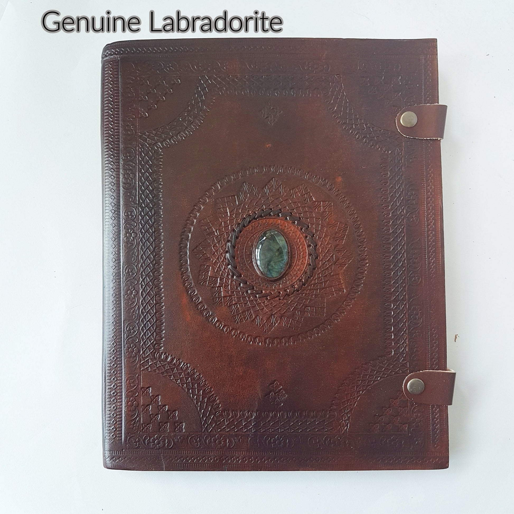 XL leather bound gemstone inlaid artist portfolio. Parchment dividers. Scrapbook, photo album. Retirement, engagement & wedding gift. - Vintage India Ca