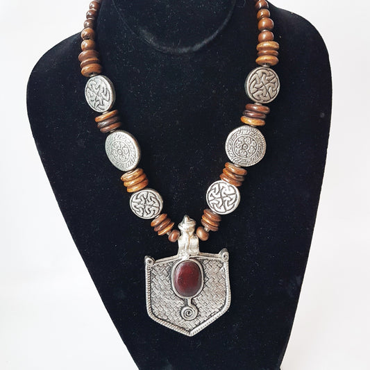 Medieval hexagon pendant necklace in antique pewter design. Decorated with embossed Celtic eternity symbol discs & dark dark brown beads - Vintage India Ca