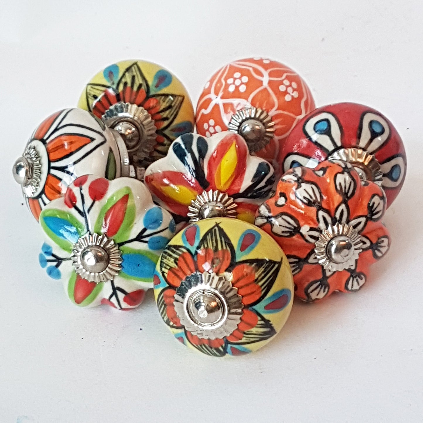 Tropicale collection of 8 designer hand painted knob pulls for cabinets and cupboards, dresser drawers.  Exclusive vibrant floral designs. - Vintage India Ca