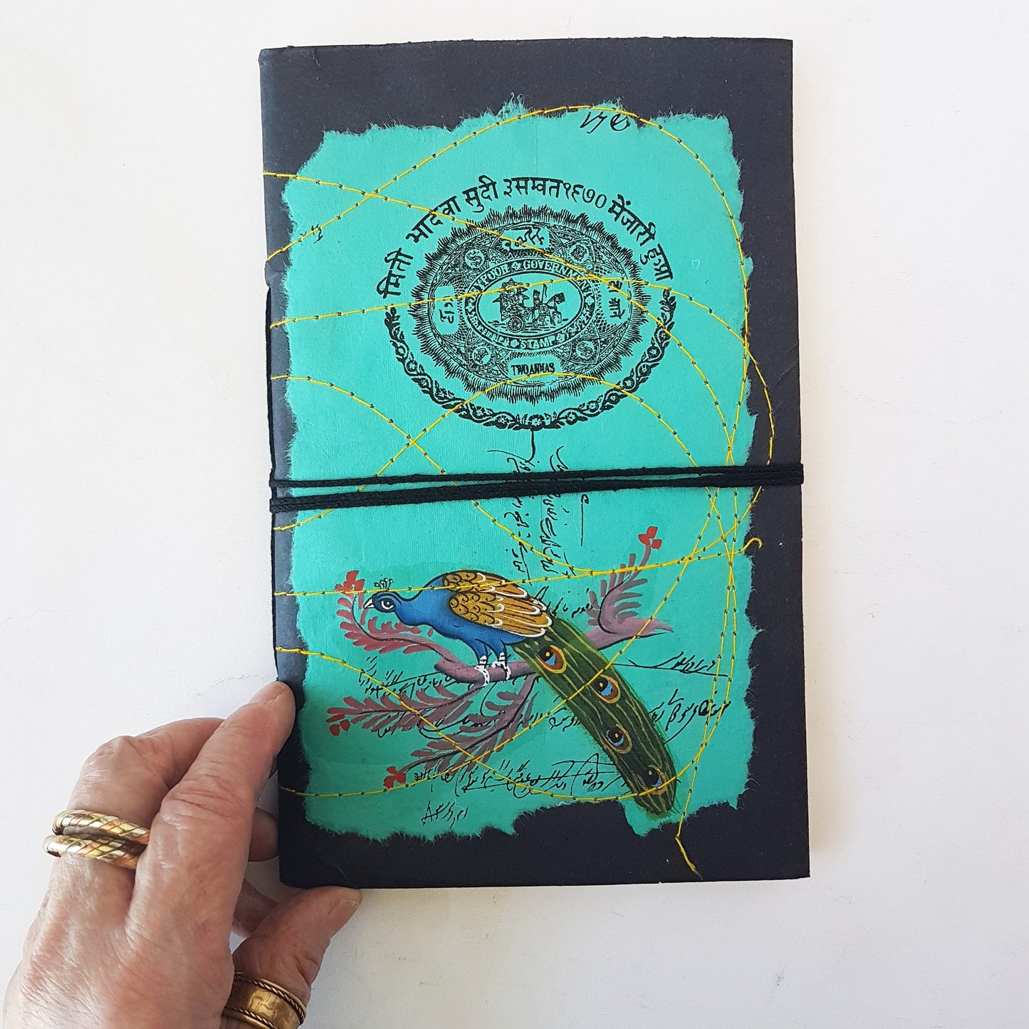 Prancing Peacock Handmade paper journal-diary-notebook-sketchbook 100 pages 5 x 9 inch. Use for student notes, journaling therapy drawing. - Vintage India Ca