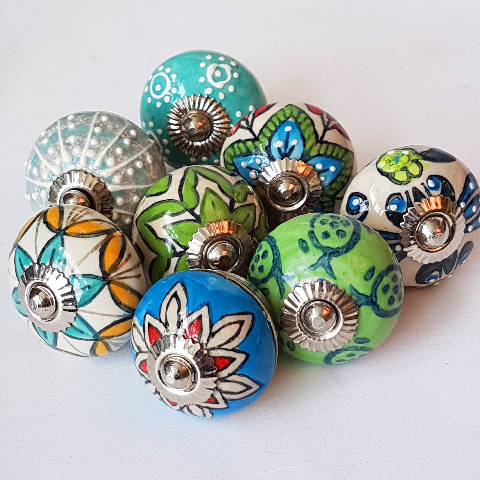 Oceane collection of 8 hand painted designer cupboard drawer knobs in exclusive blue & green designs. Standard 1.5 inch diameter size. - Vintage India Ca