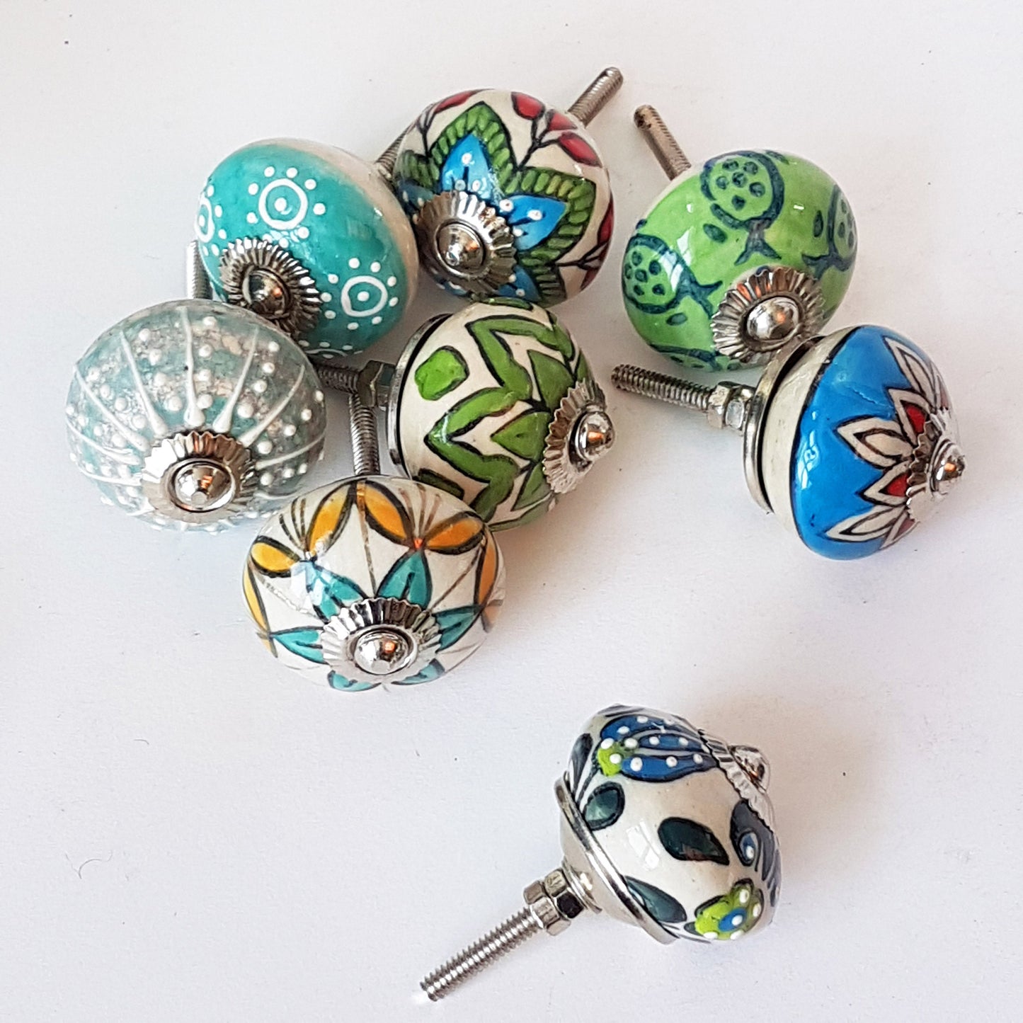 Oceane collection of 8 hand painted designer cupboard drawer knobs in exclusive blue & green designs. Standard 1.5 inch diameter size. - Vintage India Ca