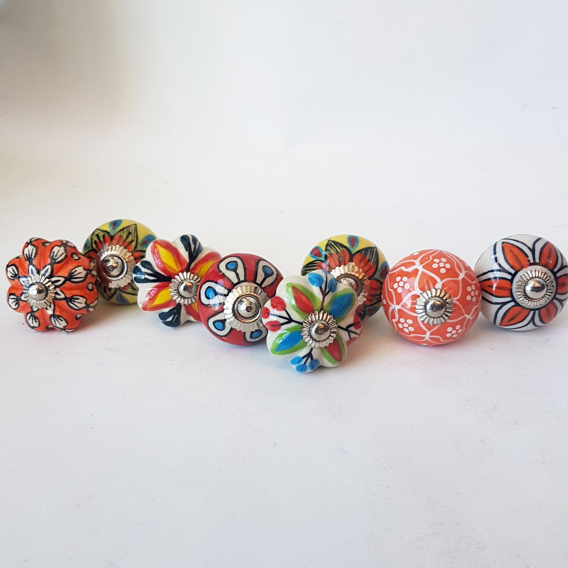 Tropicale collection of 8 designer hand painted knob pulls for cabinets and cupboards, dresser drawers.  Exclusive vibrant floral designs. - Vintage India Ca
