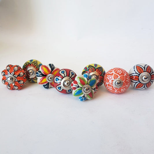 Tropicale collection of 8 designer hand painted knob pulls for cabinets and cupboards, dresser drawers. Exclusive vibrant floral designs. - Vintage India Ca